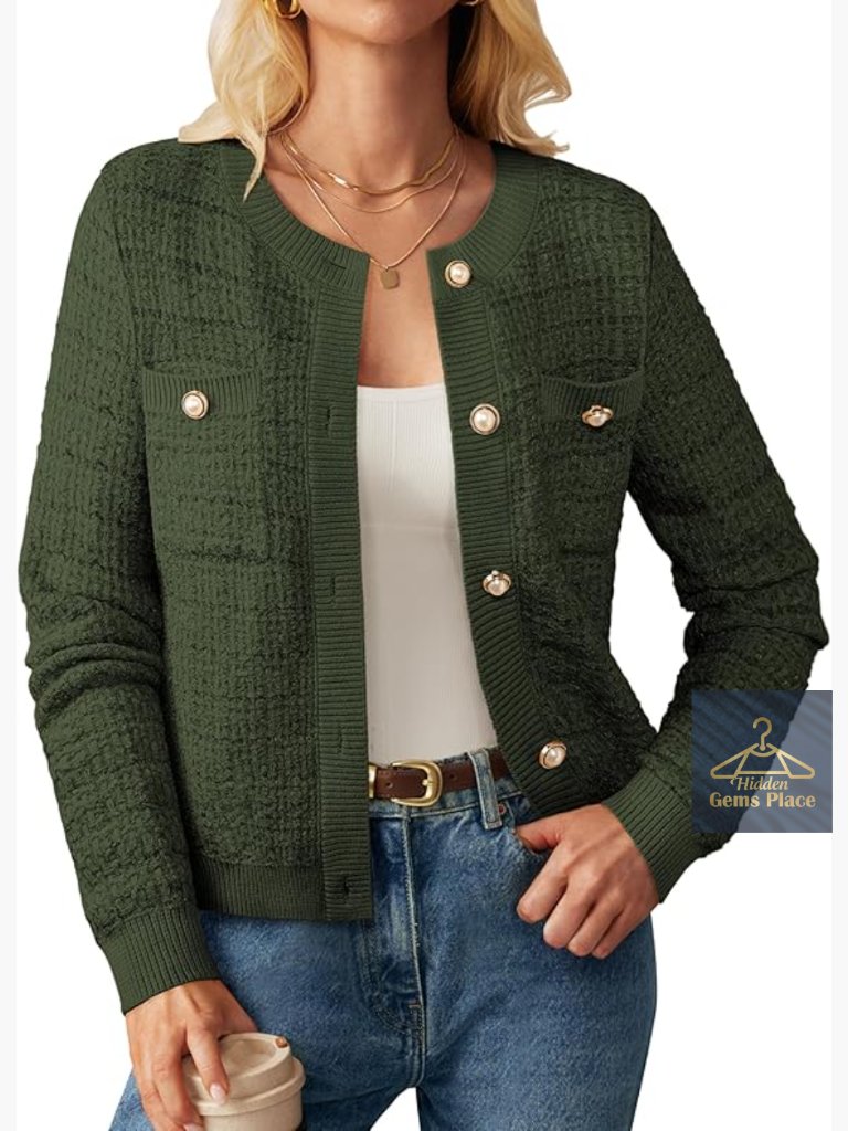 Open Front Button Down Long Sleeve Knit Cardigan Sweater With Pockets